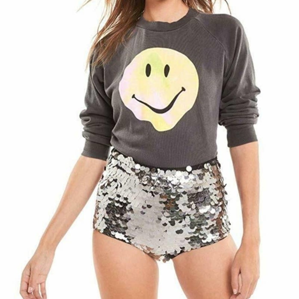 Wildfox NWT Cotton Psychedelic Smiley Junior Pullover Sweatshirt Black Sz S